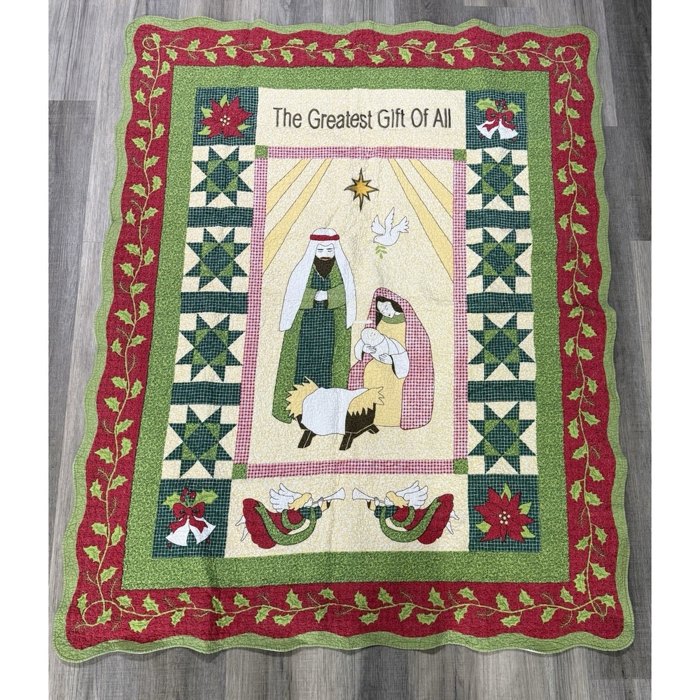 Vintage Nativity Manger Scene Throw Quilt Christmas Appliqué Blanket Wall 45x58